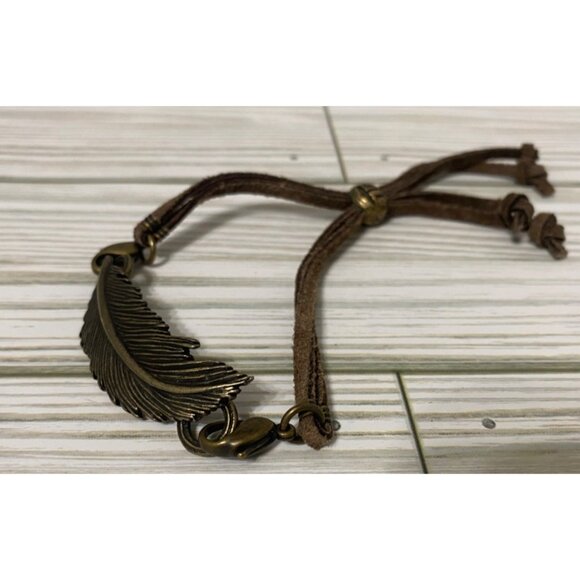 Vintage Brass Feather Adjustable Bracelet With Brown Suede Cord - Picture 1 of 3